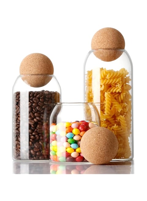 VAODO 3 Pcs Glass Jars, with Spherical Cork Lid, Sealed Transparent Storage Jars for Kitchen Food Glass Containers,for Spices, Sugar, Salt, Tea, Nuts, Coffee Beans Storage, 800ml/1200ml/1500ml