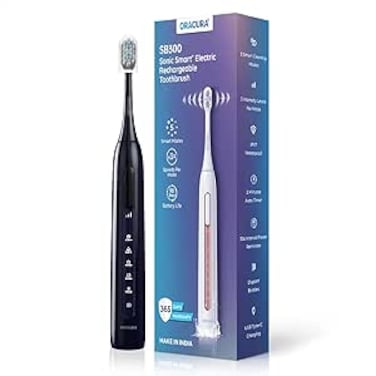 ORACURA® SB300 Sonic Smart Electric Rechargeable Toothbrush – 36,000 Strokes/Min – 5 Modes & 3 Intensity Levels – 2-Min Auto Timer – 90-Day Battery – 1 Year Warranty (Grey)