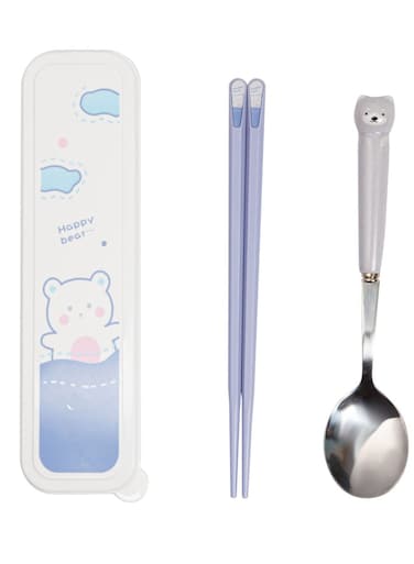 Travel Utensils, Cutlery Set Portable Travel Camp School Reusable Flatware Dishwasher Safe, Include Stainless Steel Spoon &amp; Fiberglass with Case,Gift Set, Cute Blue Bear