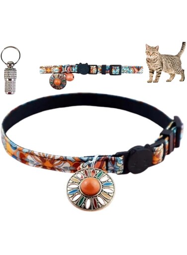 PETSARY Boho Mandala Pets Collar and 1 Pcs Pet ID Tag Gift - Dog and Cat Ethnic Flower Maps Pendant Bell Necklace - Cute Dog Neck Collar - Breathable Lightweight Comfortable with Quick Release Buckle