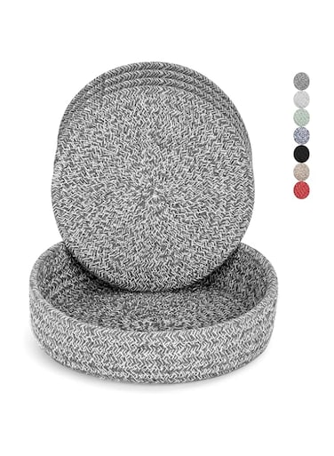 Trivets for Hot Dishes, Trivets for Hot Pots and Pans, Hot Pads for Countertops, Coasters 4 Pcs and Storage Basket 1 Pack, Pot Holders for Kitchen, Cotton Hot Mats Cooking Pad Protect Table (D Grey)