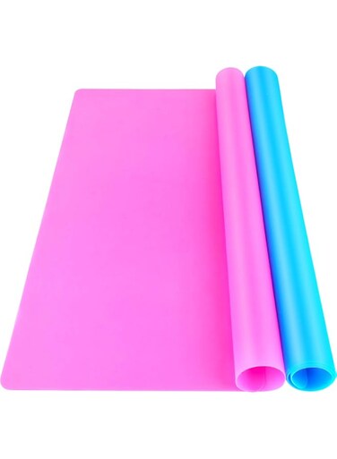 LEOBRO Silicone Mat, 2 Pack 15.7 x 11.7 Large Silicone Sheet for Crafts Jewelry Casting Resin Molds Mat, Nonstick Silicone Craft Mats for Epoxy Resin, Paint, Clay, Blue &amp; Rose Red