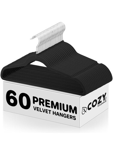 Cozymood Luxury Black Velvet Hangers 60 Pack, Premium Clothes Hangers Non-Slip Felt Hangers, Strong Black Hangers Heavy Duty Coat Hangers, Sturdy Suit Hangers Space Saving, No Shed, 360 Rotating Hook