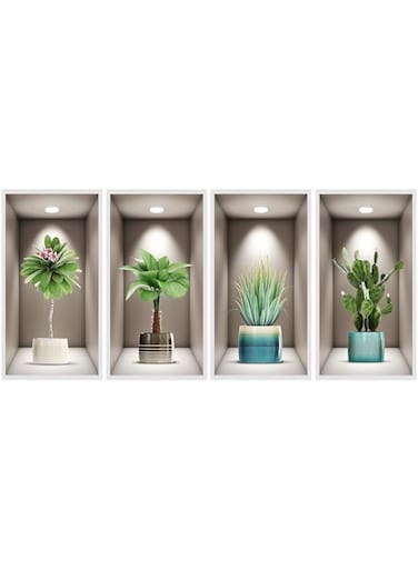 SWIUKPHE 4 Pack 3D Green Plants Wall Decals DIY Botanical Wall Art Mural Stickers for Living Room Bedroom Kitchen Decor (20cm*40cm)