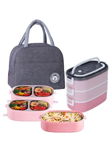 Stainless Steel Lunch Box for Kids,1900ML 3 Layer Meal Lunch Container Snack Box With Bag for Kids School and Adults - Leakproof - BPA Free - Microwave &amp; Dishwashing Safe Bento Box（Pink）