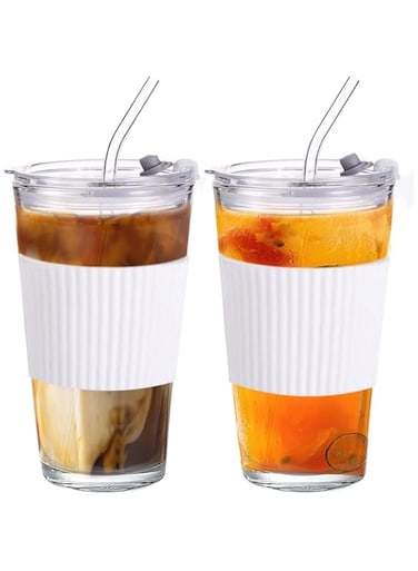 Aukomer Glass Coffee Cup with Straw 2 Pcs, Glass Water Tumbler with Lid, Premium Can Shaped Glass Cups, Reusable Iced Coffee Glasse Tumbler Travel Cup, Leakproof Mug with Straw for Milk Juice