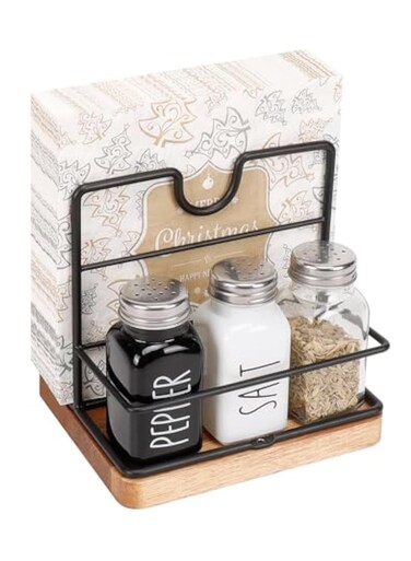 Napkin Holder, Metal Napkin Storage with Salt and Pepper Shakers Caddy Modern Napkin Dispenser for Table Kitchen Countertop, Not Including Salt and Pepper Shakers (Middle Wooden, Black)