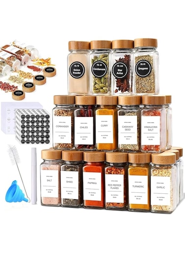 ideagala 24Pcs Glass Spice Jars with Bamboo Lid,4oz Square Spices Container Set with Labels,Spices and Seasoning Containers Sets Organizer,Shaker Lids and Airtight Bamboo lid