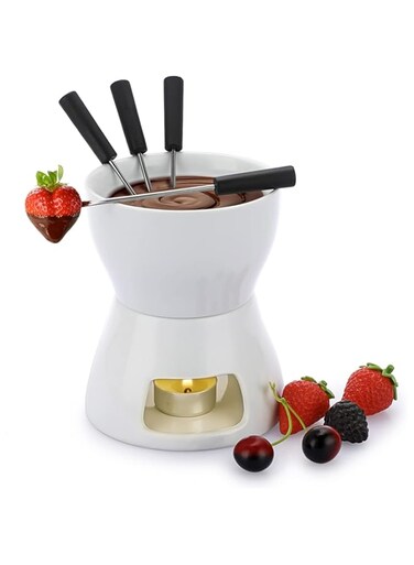 Erweicet Chocolate Melting Pot, Fondue Set with 4 Forks, Premium Tea Light Porcelain Melting Pot for Cheese, Chocolate and Tapas