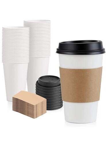 KASTWAVE Disposable Coffee Cups with Lids, 50 Pack 16 oz Sleeves and Stirrers, Leak-Proof To Go Coffee Cups with Lids, Durable Paper Cups for Hot Beverage, Home, Office, Party