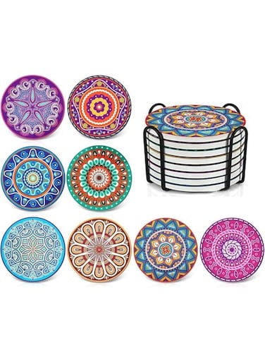 Masroo Absorbing Stone Mandala Coasters for Drinks - Cork Base, with Holder, Unique Present for Friends, Men, Women, Funny Birthday Housewarming Gifts, Apartment Kitchen Room Bar Decor, Set of 8