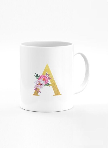 Designer Printed Coffee Mug 11oz Ceramic Personalised Gift Mugs Cup -Custom Monogram Initial Letter Floral Pattern Alphabet - A ( White )