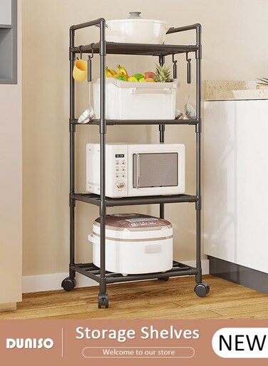 4 Tier Storage Shelves, Stable Kitchen Shelf Organizer, Storage Rack with Wheels and Armrests, Removable Free Standing Rack with 4 Hooks, Multipurpose Rack, Shelving Unit for Warehouse Basement Kitchen Living Room pantry