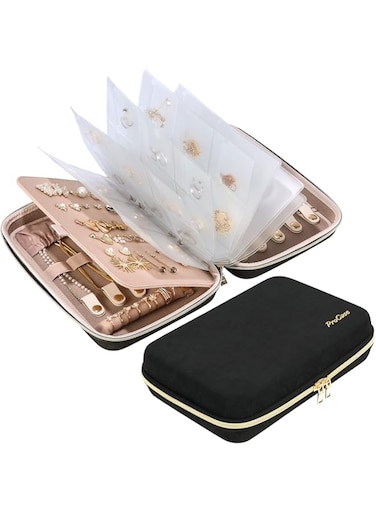 ProCase Large Travel Jewelry Organizer Case, Jewellry Home Storage Book Ring Binder with Clear Pockets for Presentation, Zippered Pouch Bag for Earrings Necklaces Bracelets -Black