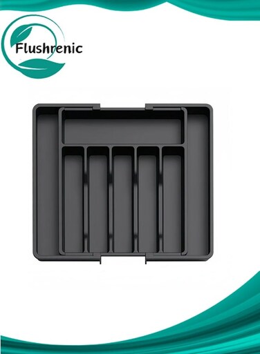 Drawer Organizer, Expandable Utensil Organizer for Kitchen Drawers, Adjustable Cutlery and Flatware Tray, Plastic Spoons Forks Knives Holder Storage Dividers, Large, Black