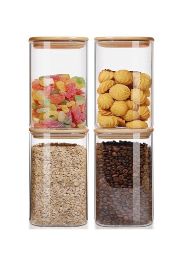 4-Piece Set of Square Glass Storage Jars - Airtight Bamboo Lids, 1500ML/51OZ Airtight Food Containers, Preservation Jars &amp; Storage Boxes for Pasta, Flour, Grains, Spices, Tea, Coffee Beans, &amp; Other Kitchen Staples - Perfect for Long-Term Food Preservation &amp; Organization