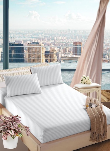 White Deep Pocket Queen Size Striped Bed Sheet Set Cotton 180x200+25cm