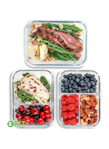 1 &amp; 2 &amp; 3 Compartment Glass Meal Prep Containers [3, 35 oz] - Glass Lunch Containers, Food Storage Containers with Lids, Food Prep Containers