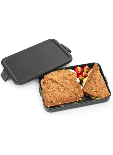 Brabantia - Make &amp; Take Lunch Box - Flat - Room for up to 2 Sandwiches - Lid with Clips - Suitable for Freezer - Dishwasher &amp; Microwave Safe - Dark Grey - 25.5 x 16.6 x 3.7 cm
