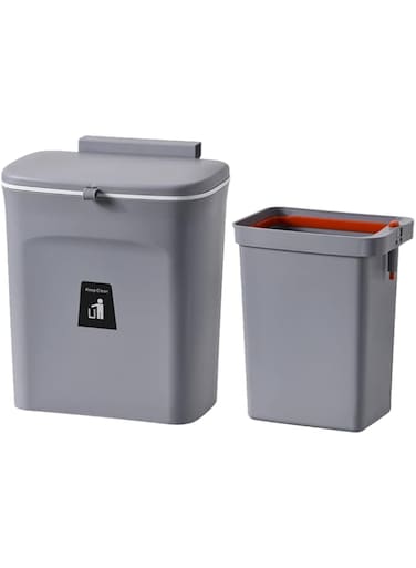 NEEMAY Kitchen Hanging Trash Can 9L With Built-In Trash Bin For Cleaning With Lid No Handle, Garbage Can Home Waste Bin Domestic Rubbish Bin Gray