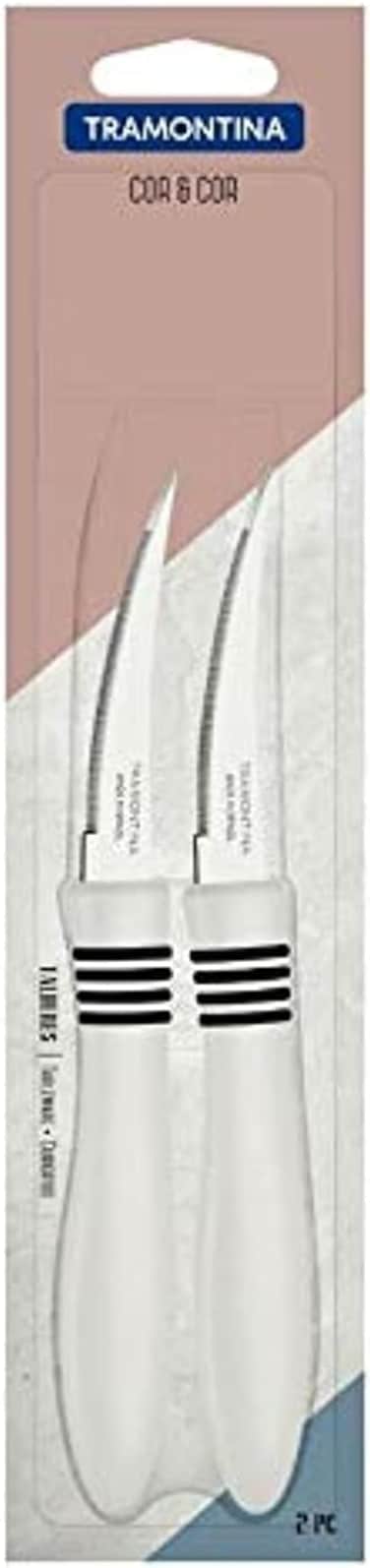 Tramontina Since 1911, Made In Brazil Cor&amp;Cor 2 Pieces Tomato Knife Set With Stainless Steel Blade And White Polypropylene Handle