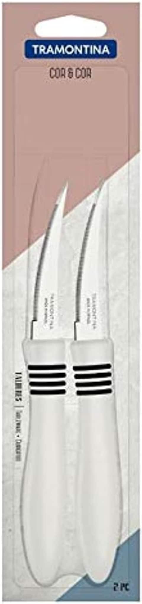 Tramontina Cor&amp;Cor 2 Pieces Tomato Knife Set With Stainless Steel Blade And White Polypropylene Handle