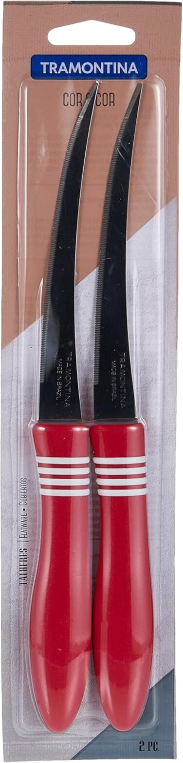 Tramontina Since 1911, Made In Brazil Cor&amp;Cor 2 Pieces Tomato Knife Set With Stainless Steel Blade And Red Polypropylene Handle