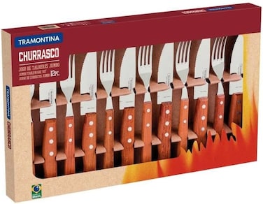 Tramontina Dynamic Barbecue 12-Pieces Set With Stainless Steel Blades And Natural Wooden Handles