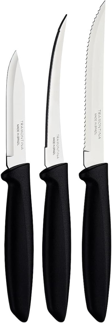 Tramontina Since 1911, Made In Brazil Plenus 3 Pieces Knife Set With Stainless Steel Blade And Black Polypropylene Handle