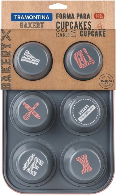 Tramontina Since 1911, Made In Brazil Bakery 24Cm Graphite Gray Aluminum Cupcake Pan With Interior Copper Starflon T1 Pfoa Free Nonstick Coating