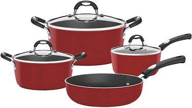 Tramontina Since 1911, Made In Brazil Monaco Induction 7 Pieces Aluminum Cookware Set With Interior Starflon Premium Pfoa Free Nonstick Coating And Exterior Red Silicon Coating