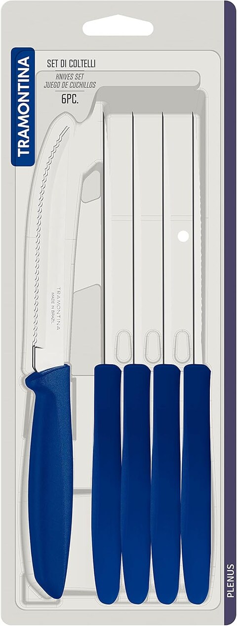 Tramontina Plenus 6 Pieces Steak And Fruit Knife Set With Stainless Steel Blades And Blue Polypropylene Handles
