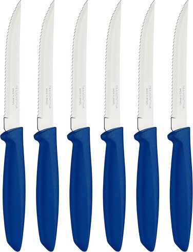 Tramontina Since 1911, Made In Brazil Plenus 6 Pieces Steak And Fruit Knife Set With Stainless Steel Blades And Blue Polypropylene Handles