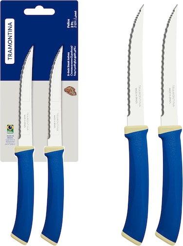 Tramontina Felice Steak Knife Set: 2 Micro-Serrated Stainless Steel Blades, Heat-Treated For Long-Lasting Edge, Blue Polypropylene Handles, Ideal For Cutting Steak &amp; Meats