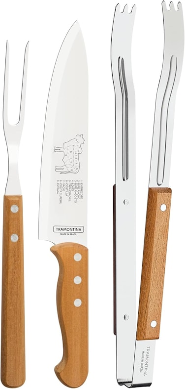 مجموعة أدوات الشواء ترامونتينا، 3 قطع - شفرات من الفولاذ المقاوم للصدأ بمقابض من الخشب الطبيعي، تتضمن سكينًا وشوكة وملقطًا، 22399097، صنع في البرازيل