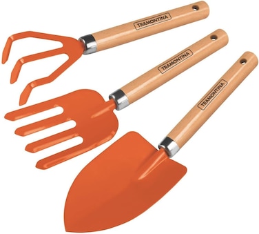 Tramontina Since 1911, Made In Brazil 3 Pieces Garden Tool Set With Special Carbon Steel And Wood Handle Includes Garden Trowel + 3 Teeth Cultivator + 4 Teeth Garden Fork