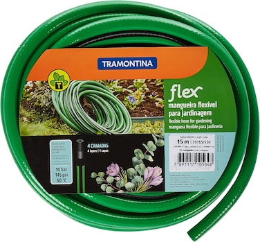 Tramontina Since 1911, Made In Brazil 30M Flex Garden Hose In Green With 3-Layers PVC Fiber And Braided Polyester Cord With Thread Connectors And Sprayer