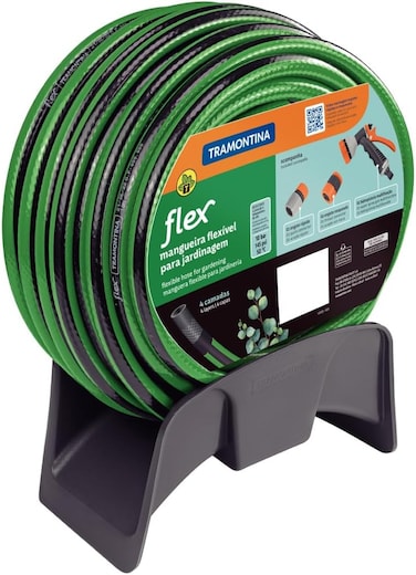 Tramontina Green Flex Garden Hose With Black PVC Stripe, 4 Layers, 15m With Quick Coupling, Threaded Coupling, Water Spray Gun And Support, 79326615