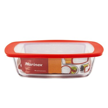 MARINEX Glass Rectangular Loaf Dish with Plastic Lid 1.5L &ndash; Durable Heat-Resistant Bakeware, Transparent