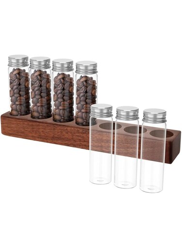 Coffee Bean Storage Tubes, Portable Coffee Bean Jars Canisters, Coffee Bean Storage Tubes with Walnut Wood Display Stand Sealed, Coffee Bean Glass Vials with Lid for Coffee Bean Tea Spice (7 holes)