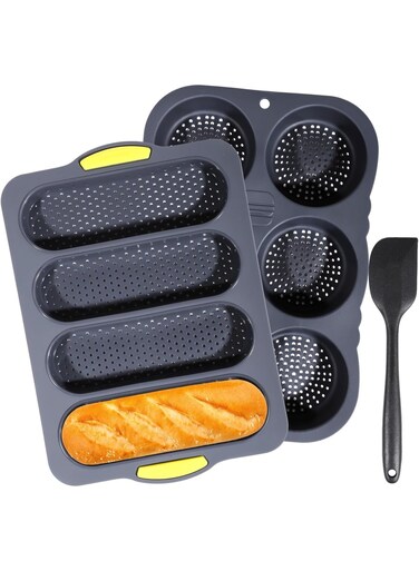 Hamburger Bun Mold,Set of 3 Silicone Baguette Pan with Spatula Nonstick 4 Wave Baguette Baking Tray 6 Cup Hamburger Bun Mold Bread Pans for Homemade Bread Loaf Sandwich