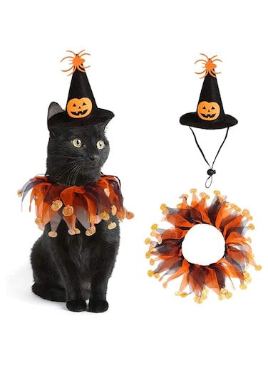 Cat Witch Costume Suit for Halloween Party Decoration, Small Dogs &amp; Cats Tutu Collar and Witch Pumpkin Hat Cute Costume Suit Kitten Outfit Clothing for Birthday Party Thanksgiving Halloween Holiday