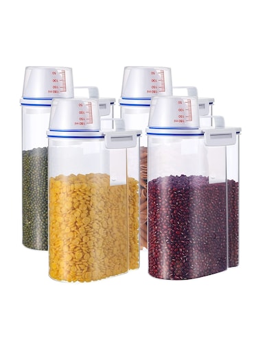 TYCOM Rice Storage Bin 4 Pcs Cereal Containers Dispenser with Measuring Cup Plastic Storage Containers with Lids Kitchen Storage Bin Rice Holder Container Food Container 2.7(Blue)