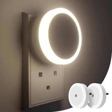 Baytion Night Light 6500K Daylight LED, 0.5W Smart Light White Plug in Night Lights with Sensor 50000H+ Lifespan Fireproof Material Compact Night Lamp for Bedroom Toilet Staircase Kitchen Round 2 PCS
