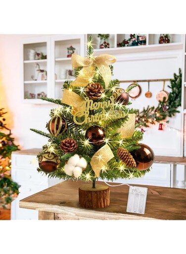 Pomefar Mini Christmas Tree, 45CM Desktop Christmas Tree with Hanging Decorations and Lights, DIY Artificial Pine Tree for Office Home Decors