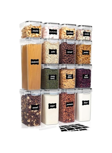 U-HOOME Cereal &amp; Dry Food Storage Containers,BPA Free Airtight Plastic Kitchen Storage Organizer with Locking Lids,15PCS Food Storage Box for Flour,Snack,Sugar,Rice with 24 Chalkboard Labels &amp;1 Marker