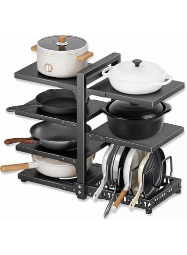 Angju Pots and Pans Organizer under Cabinet, Cutting Board Pot Lid Storage Rack with 7 Adjustable Tiers and 10 Storage Units, Pan Holder under Sink, 25% Thicker Kitchen Metal Heavy Duty Pan Organizer