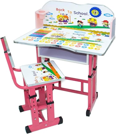 Kids Height-Adjustable Ergonomic Study Desk &amp; Chair Set &ndash; Pink-Durable Plastic, Steel &amp; Wood   Table: 70x40x65cm, Chair: 30x30x37cm