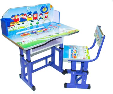 Kids Height-Adjustable Ergonomic Study Desk &amp; Chair Set &ndash; Blue   Durable Plastic, Steel &amp; Wood   Table: 70x40x65cm, Chair: 30x30x37cm