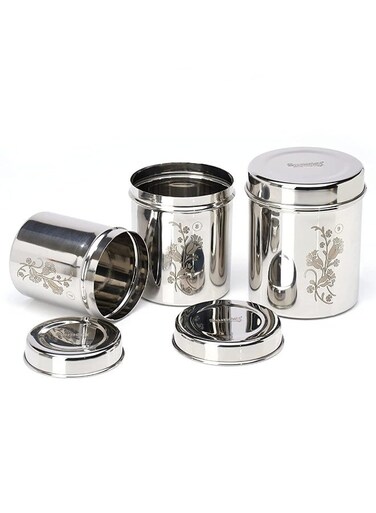 Designer Stainless Steel Vertical Canisters/Ubha Dabba/Storage Containers Set of 3Pc (400ml,500ml,750ml), Silver
